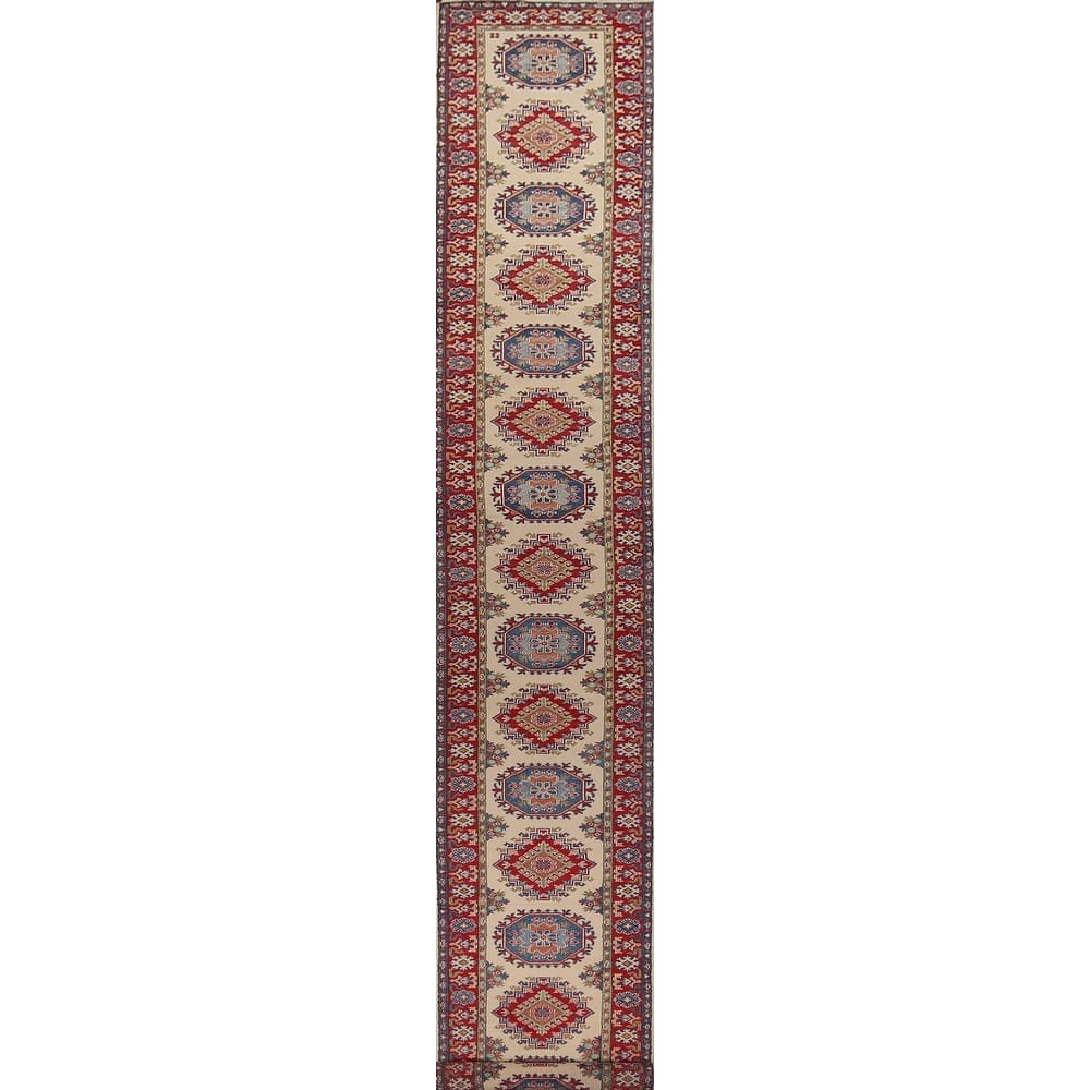 Kazak Oriental Runner Rug Hand-Knotted Traditional Beige Wool Carpet - 2'8" x 25'4"