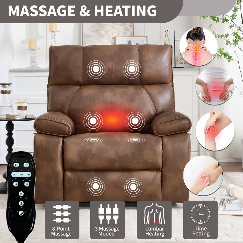 Leatheraire Heat Massage Dual Motor Infinite Position Up to 350 LBS Large Electric Power Lift Recliners with Hidden Cup Holders