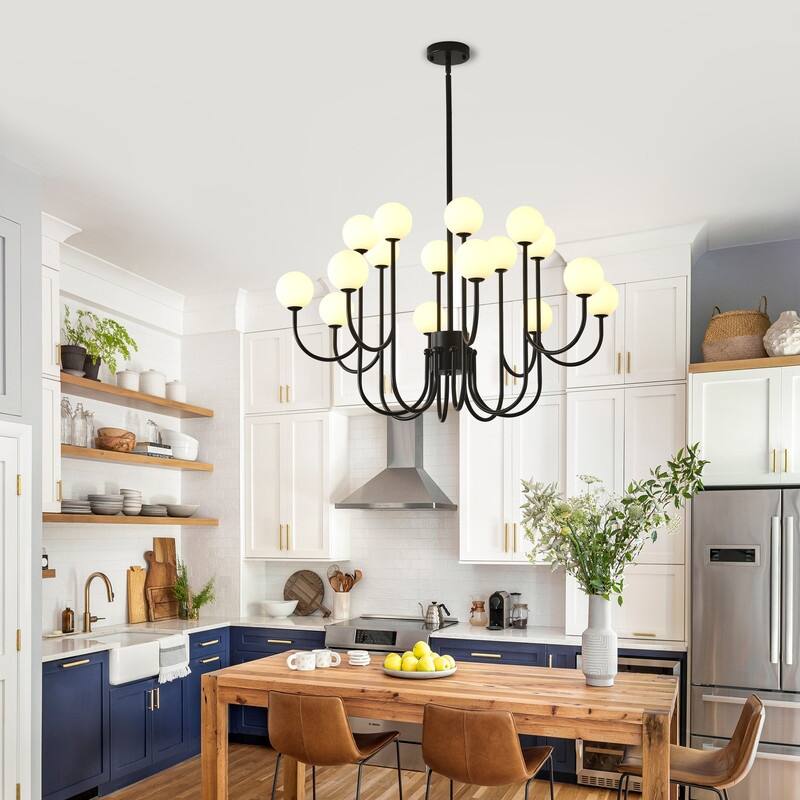 Sputnik Chandelier 16 Lights Black Mid Century Modern Ceiling Pendant Light with Glass Globe Shades - 36.6 in