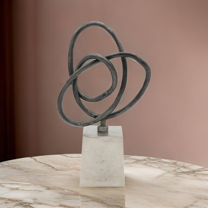9 Inch Table Sculpture, Abstract Loop Design, Block Base, Black, Silver