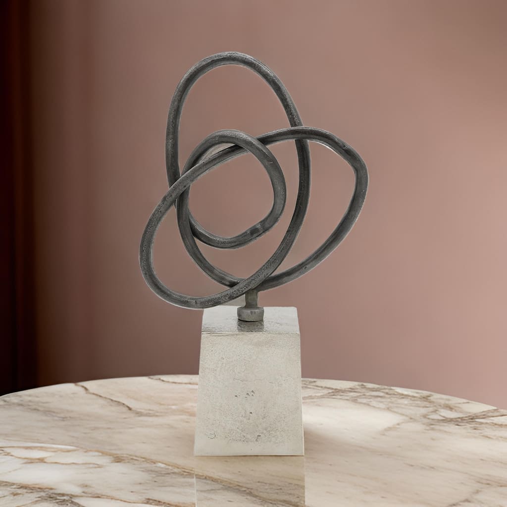 9 Inch Table Sculpture, Abstract Loop Design, Block Base, Black, Silver