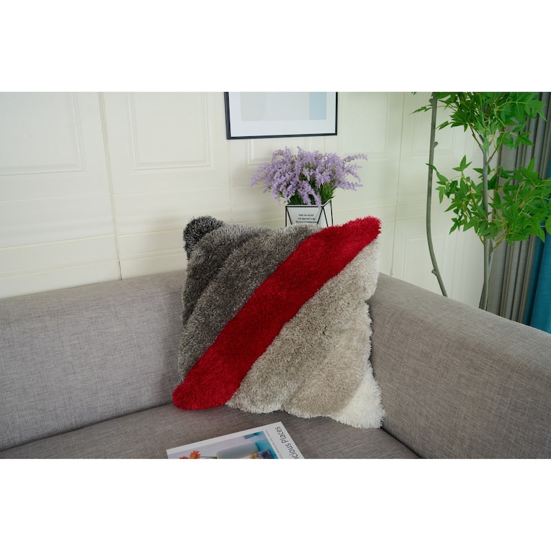 Mateos Shag Collection Red/Gray Striped Shag Pillow, 20 x 20