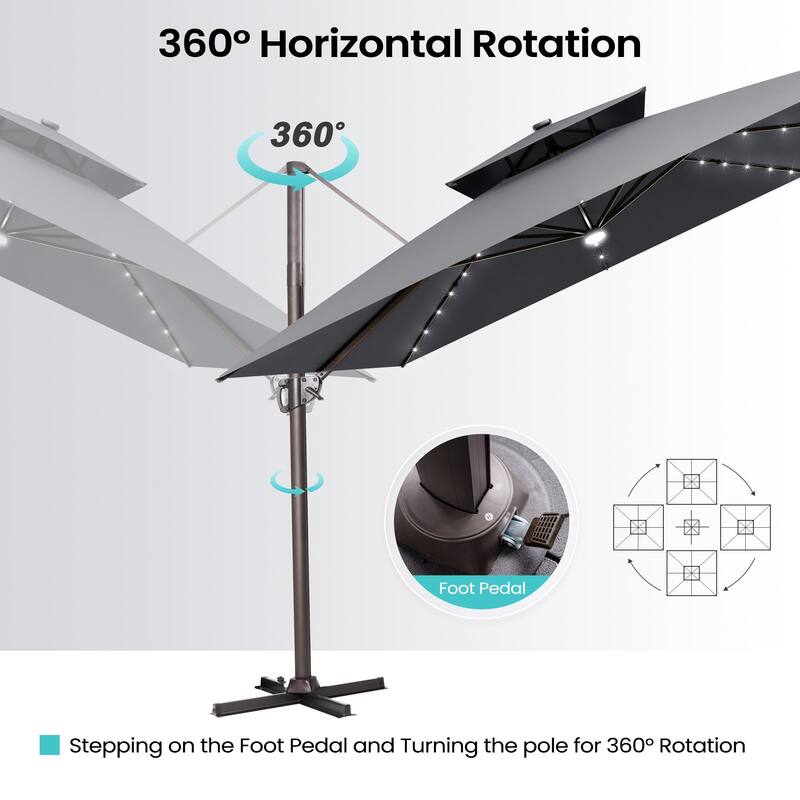 11FT Patio Cantilever Umbrella LED Lights Double Top Umbrella with 4-Piece Fillable Weighted Base