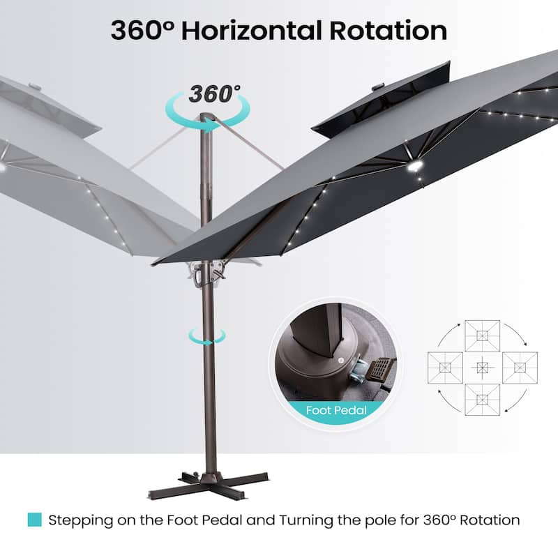 Outdoor Solar Powered LED Double Top Patio Cantilever Umbrella with Base Stand