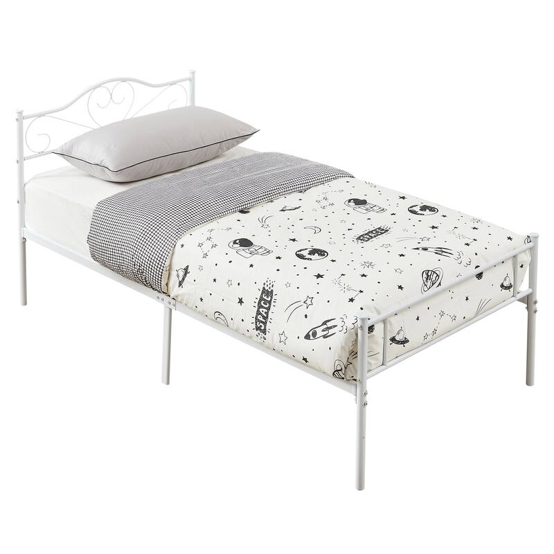VECELO Twin Size Metal Bed Frame Set of 2 Victorian Style Kids Beds with Heart Pattern Headboard No Box Spring Needed