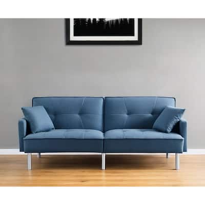HomeRoots 85" Blue Polyester Blend Convertible Futon Sleeper Sofa And Toss Pillows With Silver Legs - 85
