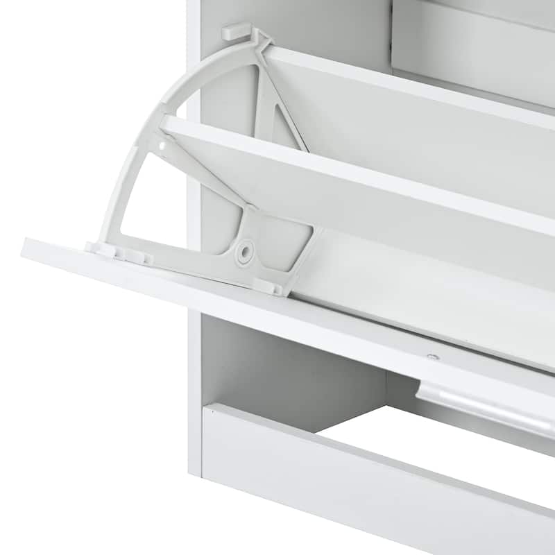 Slim Hidden Shoe Cabinet with 2 Flip Drawers, Tempered Glass Top Shoe Storage Cabinet, Freestanding LED Light Shoe Rack