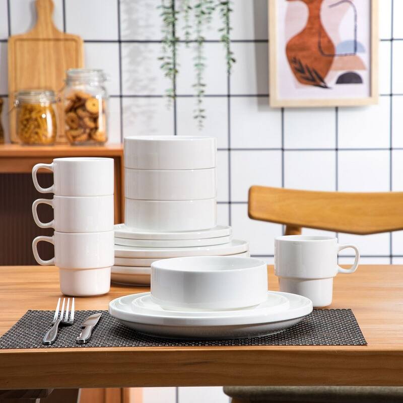 LOVECASA 16-Piece Round Dinnerware Set Stackable, Service for 4