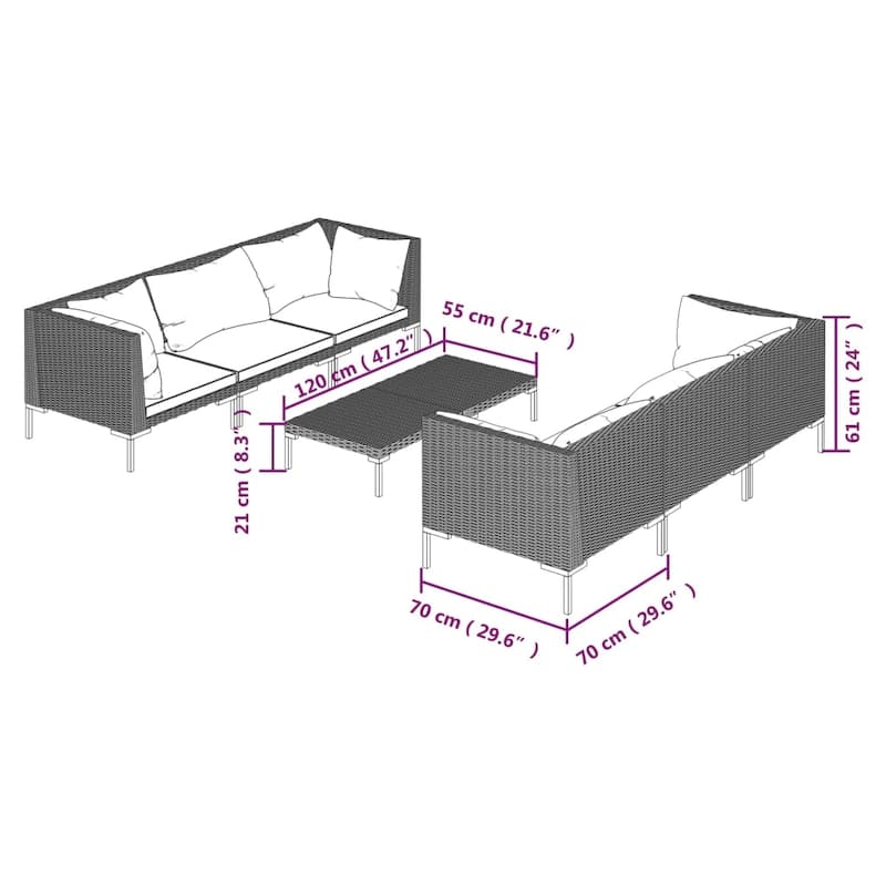 vidaXL Patio Lounge Set Outdoor Sectional Sofa Set Table Poly Rattan Dark Grey - 27.6" x 27.6" x 24"
