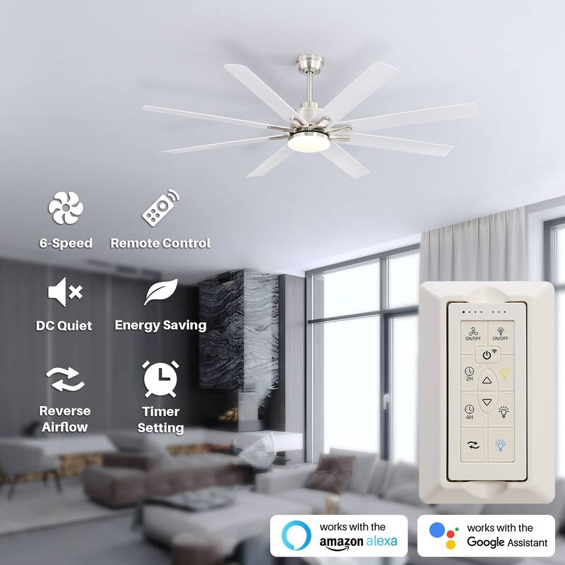 52 Inch/66 Inch/72 Inch Modern Ceiling Fan with Dimmable LED Light ,Remote&APP Control,8 Blades for Large Living Room,Porch