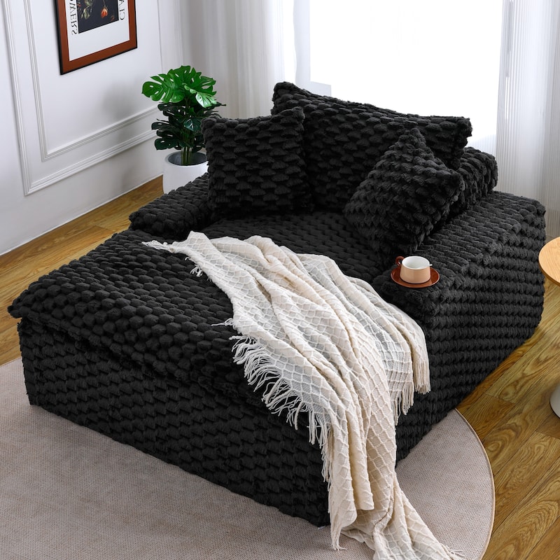 Versatile Chaise Lounge Couch Floor Standing Sofa Chair Turtle Fleece Single Accent Chiar with Pillows and Streamlined Armrests - Black