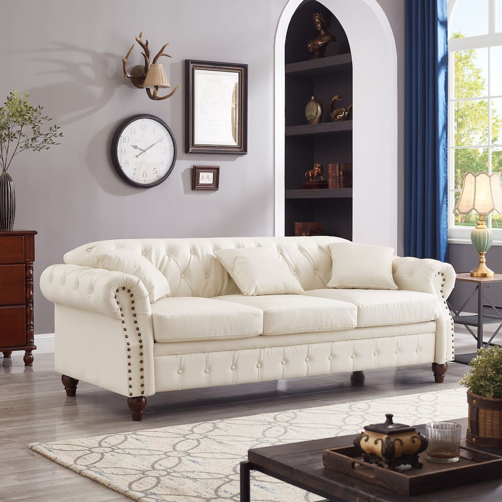 Faux Leather Upholstered Sofa with Storage, Chesterfield Tufted 3 Seater Sofa, Sofa Chair with Rolled Arms & Solid Wood Legs
