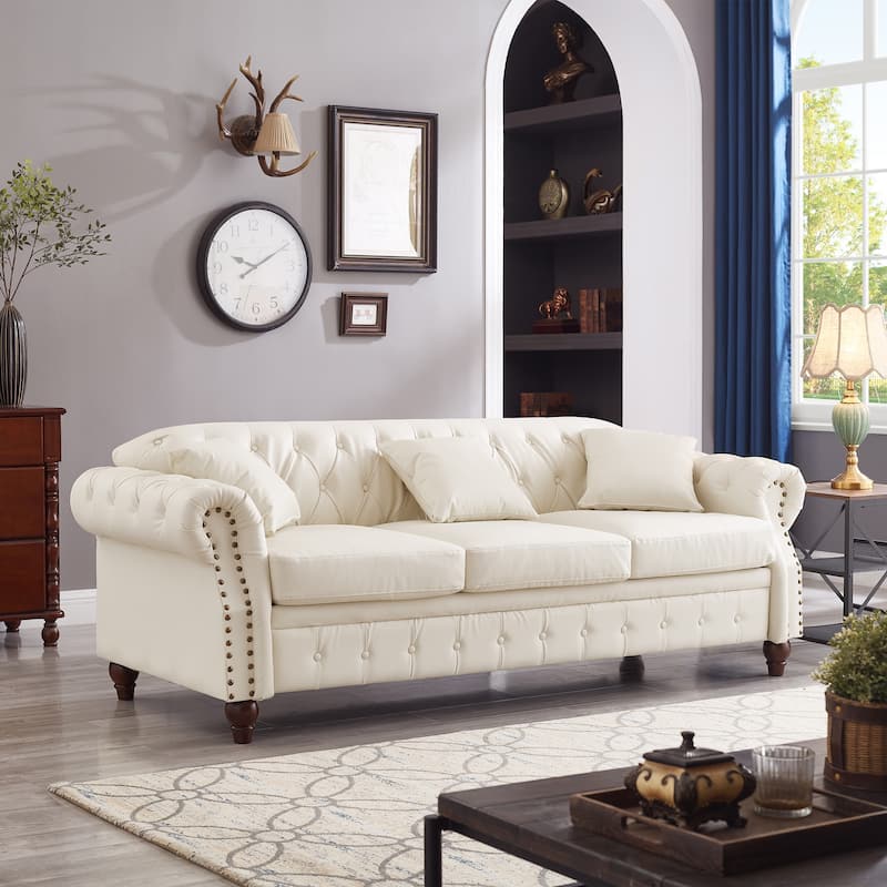 Faux Leather Upholstered Sofa with Storage, Chesterfield Tufted 3 Seater Sofa, Sofa Chair with Rolled Arms & Solid Wood Legs - Ivory White