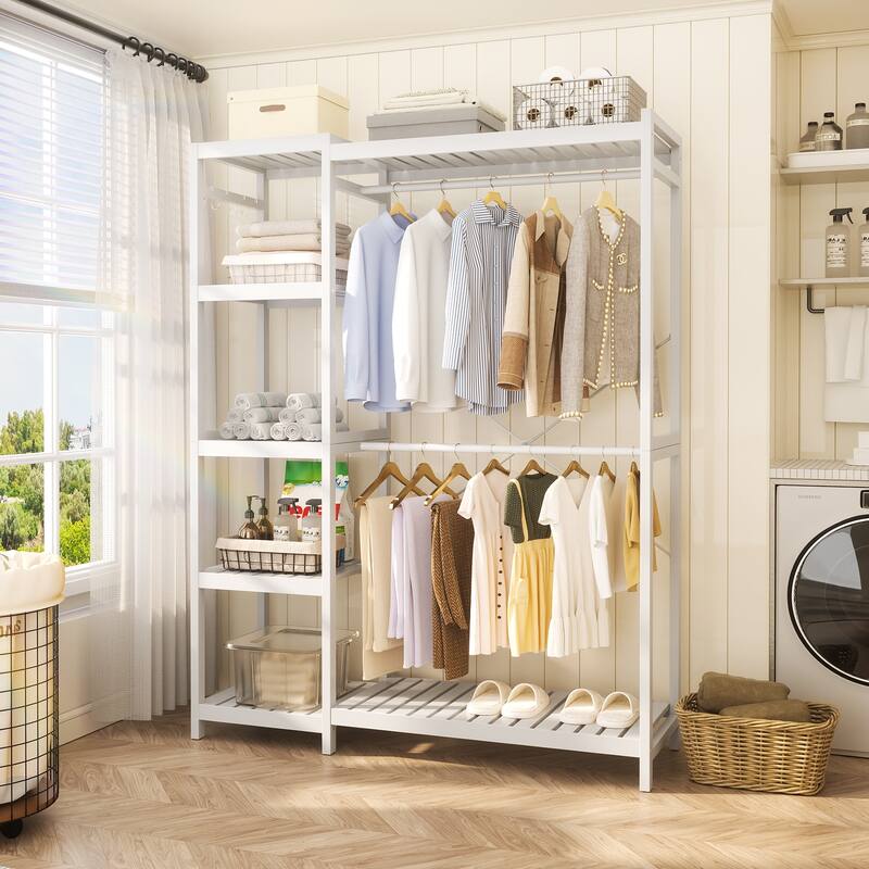 Bamboo Closet System Clothes Rack, Large Freestanding Garment Rack Clothing Rack for Hanging Clothes