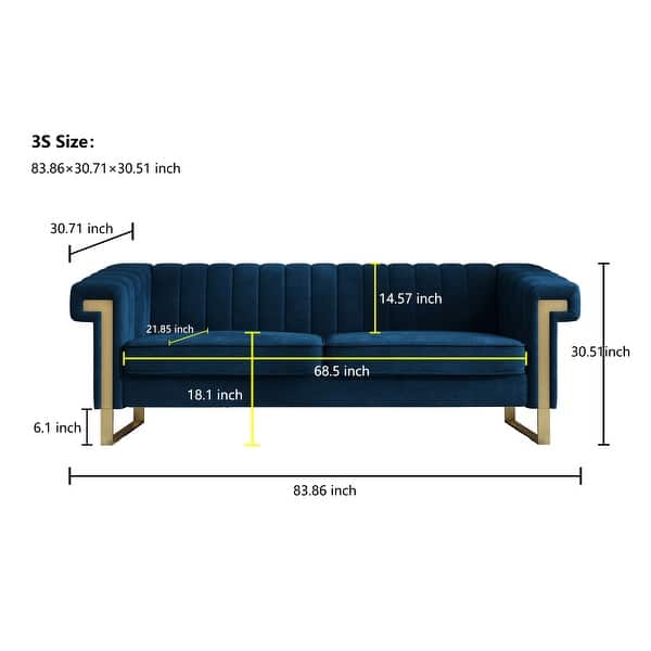 dimension image slide 3 of 2, Mid-Century Channel Tufted Velvet Sofa with Metal Legs