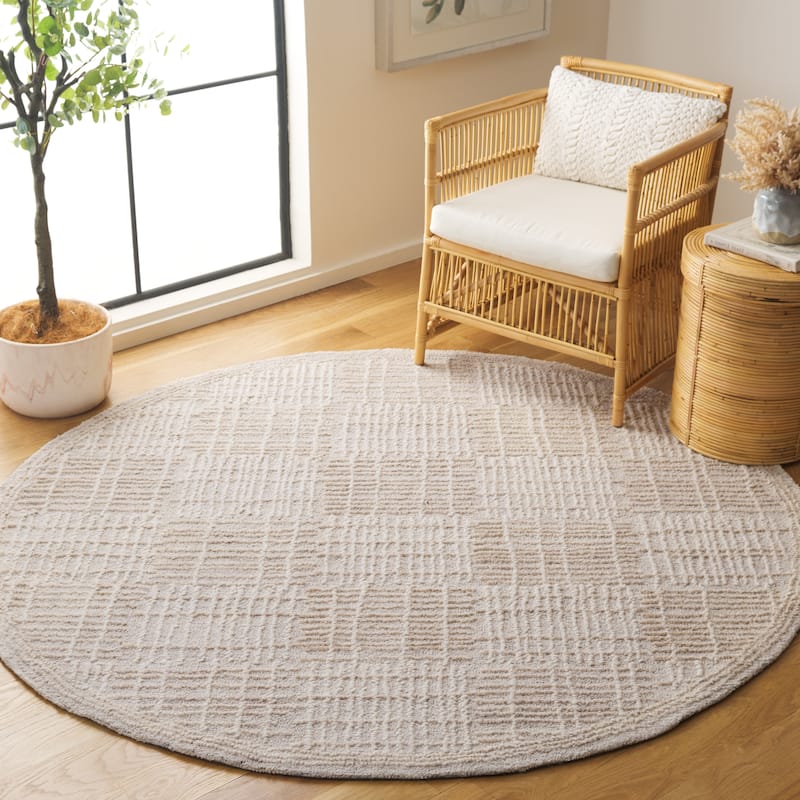 SAFAVIEH Handmade Abstract Anoek Checkered Wool Rug - 4' Round - Light Brown/Ivory