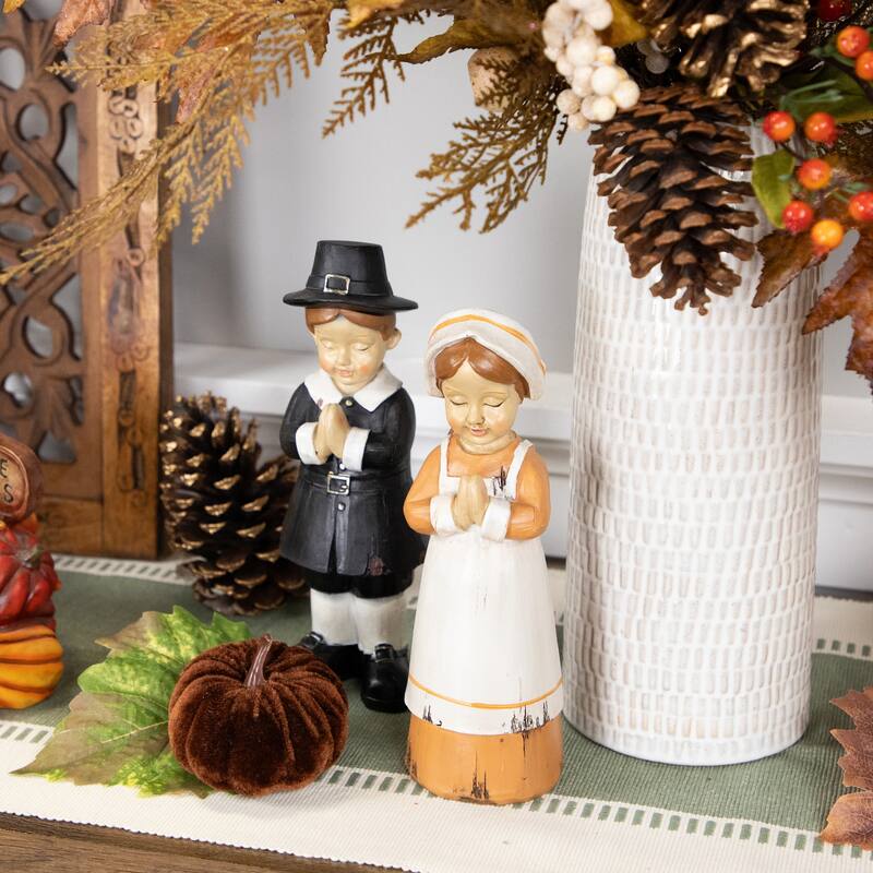 Set of 2 Praying Pilgrim Children Fall Harvest Figures 9"