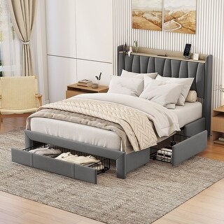 Queen Size Velvet Upholstered Platform Bed Frame with Storage Headboard ...