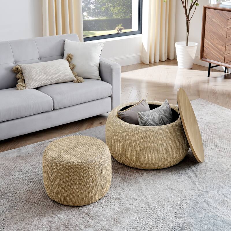 Round Storage Ottoman, Woven rattan fabric Ottoman, 2 in 1 Function, Work as End table and Ottoman,with small seat-nature