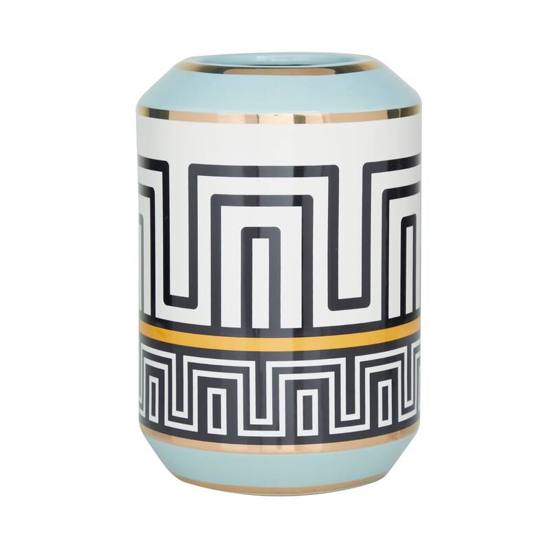 Teal Ceramic Vase Embellished with Greek Knot Pattern