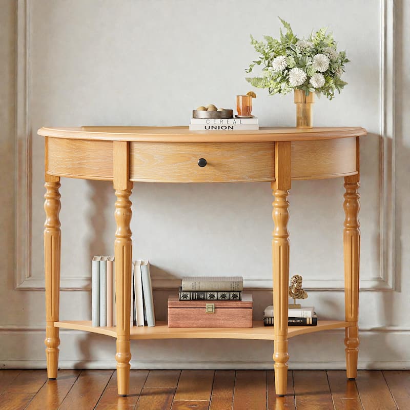 Farmhouse Half Moon Console Table with Drawer and Shelf, Rustic Solid Wood Entryway Sofa Table - Natural