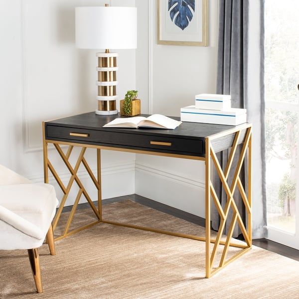 slide 2 of 15, SAFAVIEH Elaine Modern Dual-tone 1-drawer Desk Black/Gold