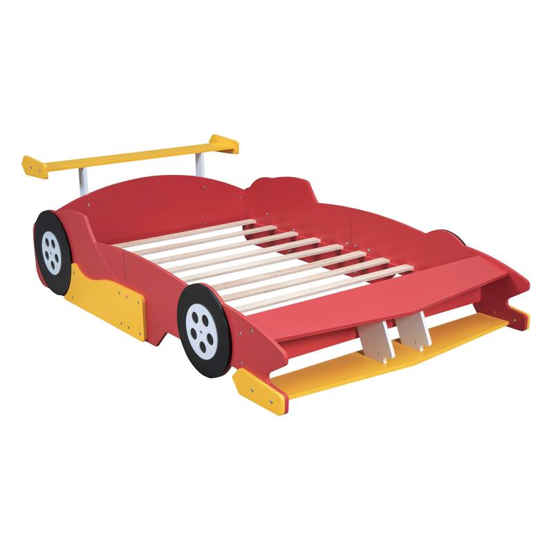 Full Size Solid Wood Race Car-Shaped Platform Bed with Headboard, Wheels and Storage Rack