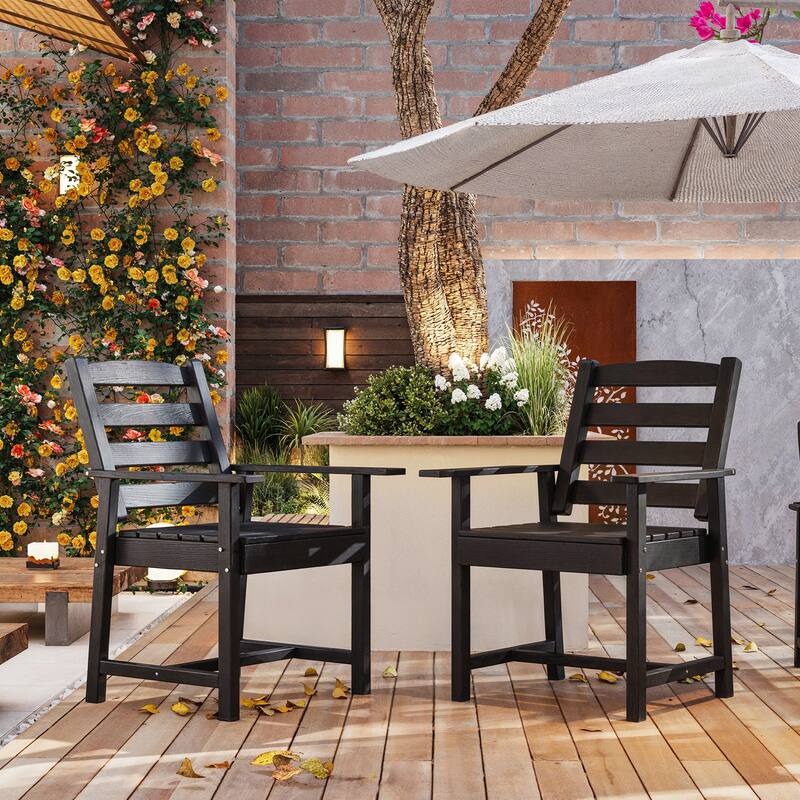Set of 2 Outdoor Dining Chairs with Armrests, HDPE All Weather Patio Chairs, Waterproof UV Resistant Wood Grain Armchai