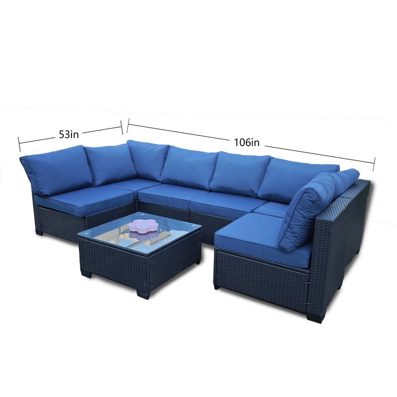 7-Piece Outdoor Rattan Patio Furniture Set, Black PE Wicker Sectional Sofa with Blue Cushions, Tempered Glass Table