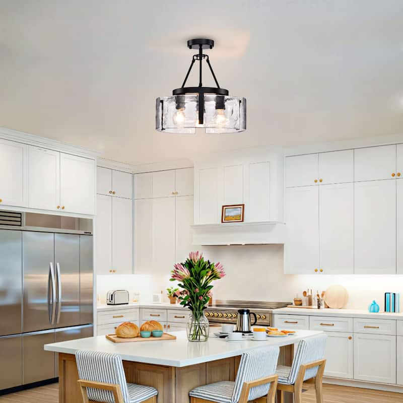 Reina 3-Light Water Textured Glass Panel Drum Semi Flush Mount