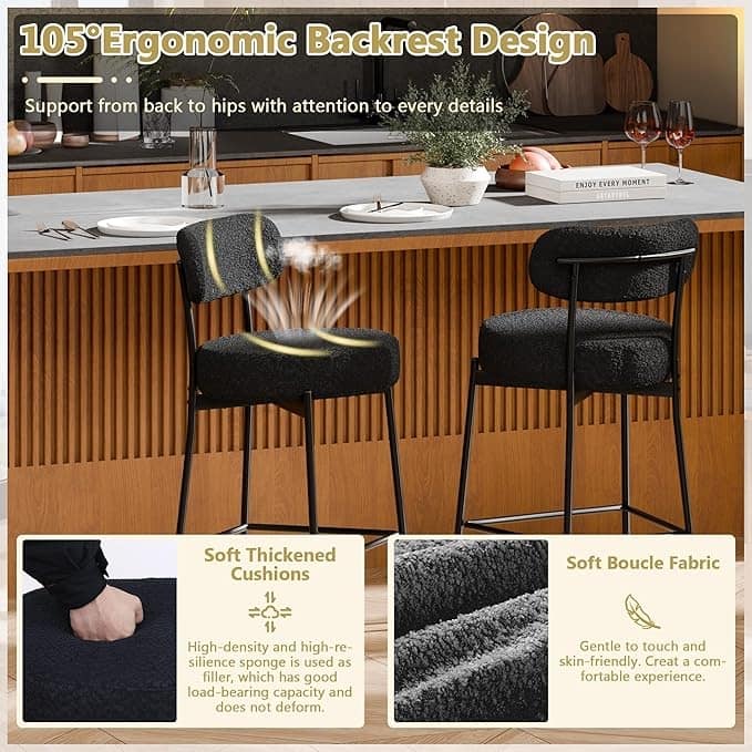 XINMICS 24 Inches Modern Counter Height Bar Stools with Curved Back Metal Legs, Upholstered Boucle Barstools, Set of 2/3/4