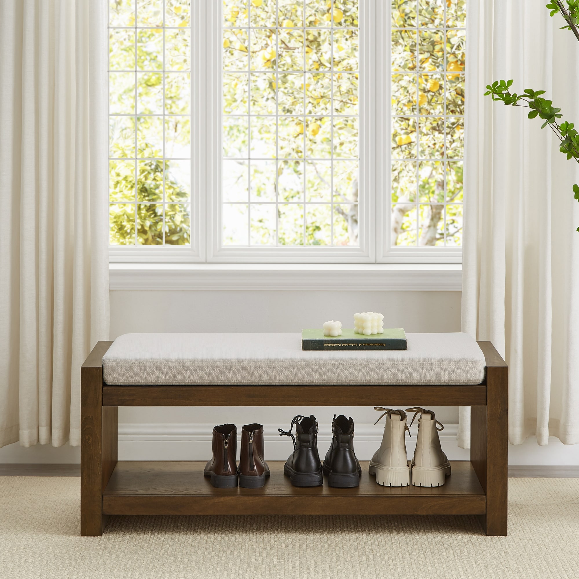Accent Bench With Lower Shelf Shoe Rack And Removable Cushion