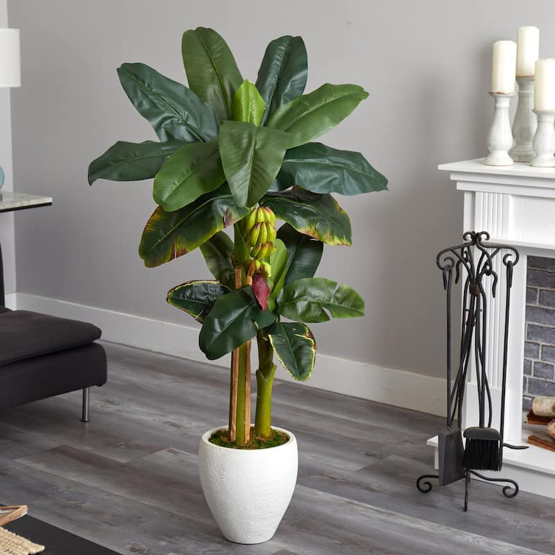 Faux Banana Tree 5ft with Planter - Tropical Decor, Realistic Artificial Plant, Indoor Outdoor Accent - Green