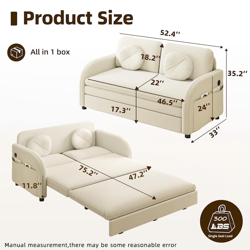 Homy Casa 3-in-1 Convertible Sleeper Sofa Bed, Pull-Out Couch w/ USB, Side Pocket & 4 Pillows, Chenille, 2/3/4-Seat