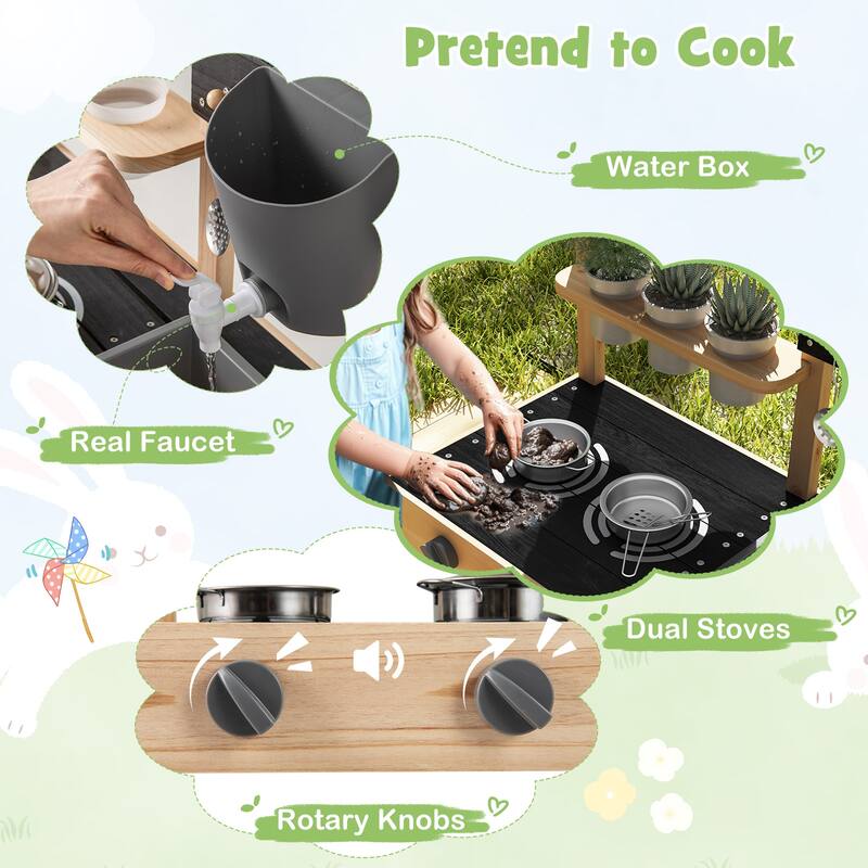 Outdoor Fir Wood Play Kitchen with Blackboard and Planting Pots-Natural - Multi
