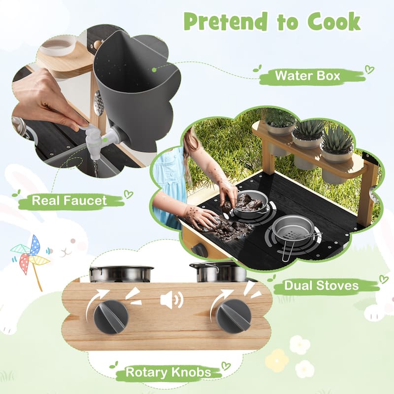 Gymax Mud Kitchen w/ Wheels Outdoor Fir Wood Play Kitchen w/