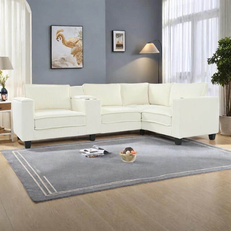 105.5" Corduroy L-Shaped Sectional Sofa with USB Charging and Storage, 4-Seater - Beige
