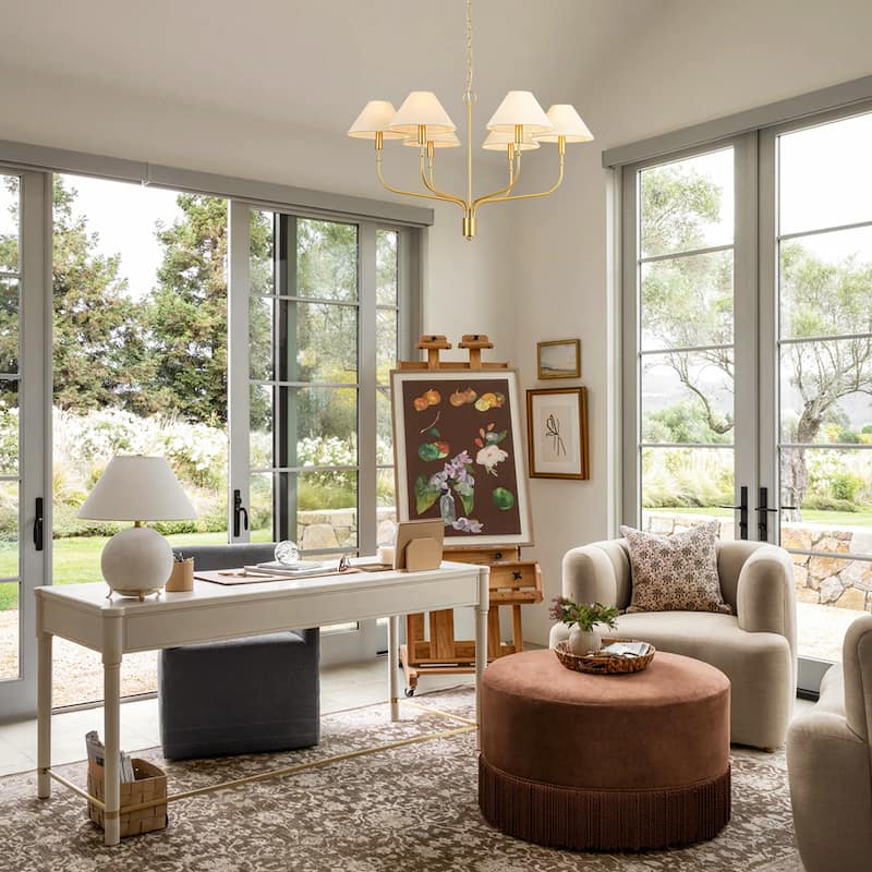 6-Light Mid-Century Modern Brass Chandelier with Beige Fabric Shades - Gold Finish Ceiling Light Fixtur for Living Room