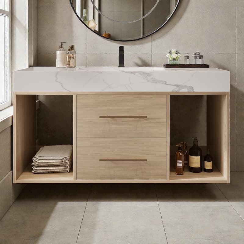 39.4" Floating Bathroom Vanity with Ceramic Sink, White Sintered Stone Top, Wall Mounted Cabinet with 2 Soft-Close Drawers - Wood