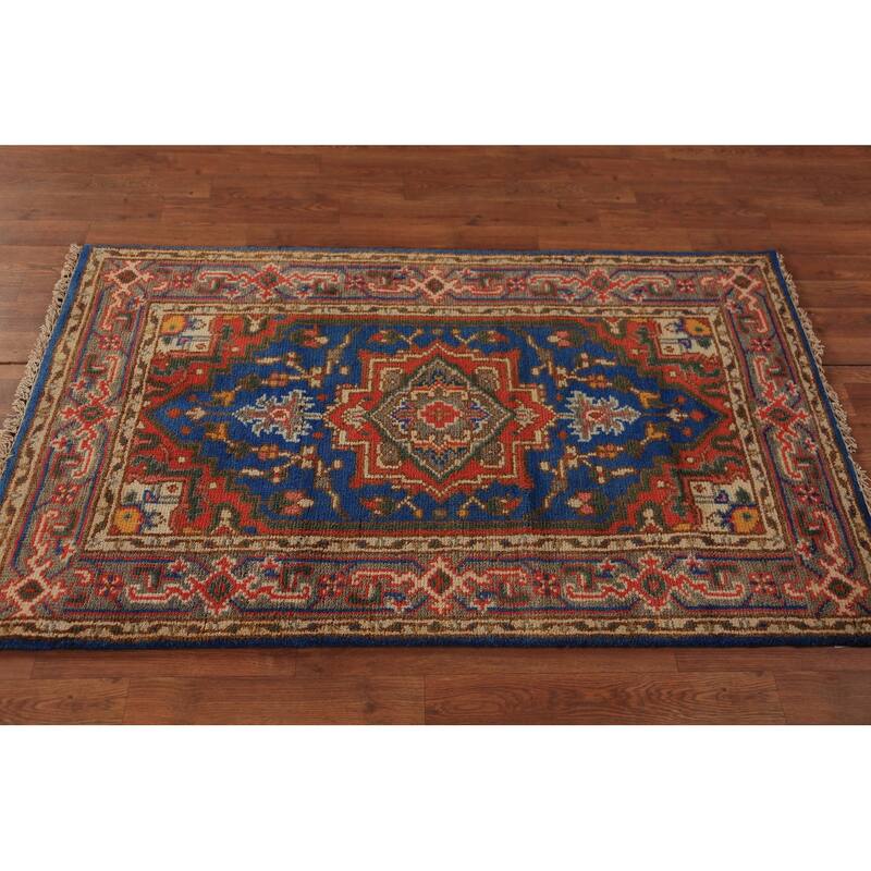 Blue Geometric Heriz Serapi Indian Foyer Rug Handmade Wool Carpet - 3'0"x 5'0"