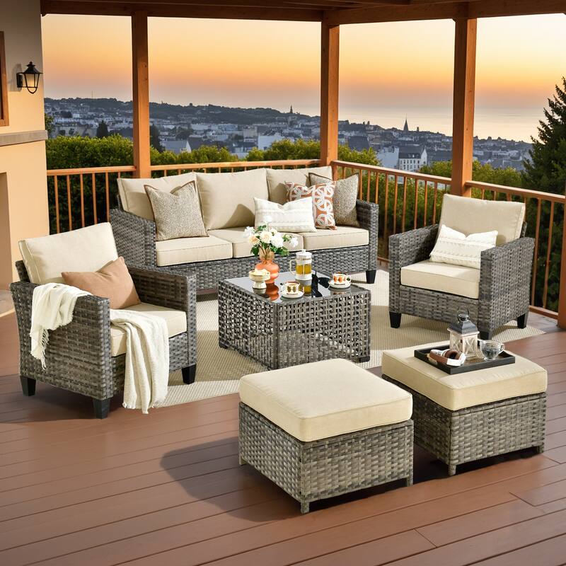 OVIOS 6 Pieces Outdoor Wicker Sectional Set With Solar-Powered Table - Beige