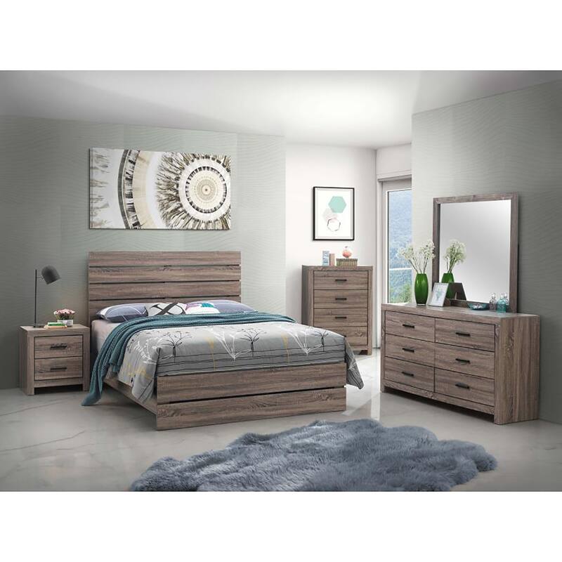 Queen Panel Bed with Slatted Headboard in Barrel Oak Finish