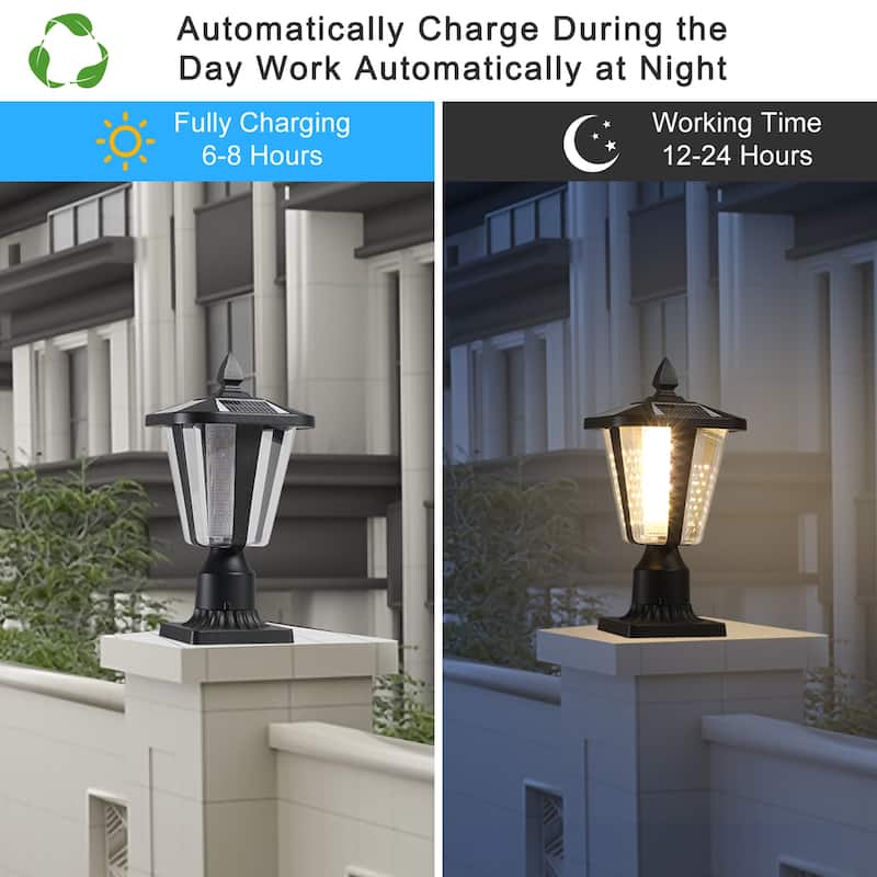 1-Light Black Aluminium Solar Outdoor Post Light Set Column Headlights with Dimmable LED