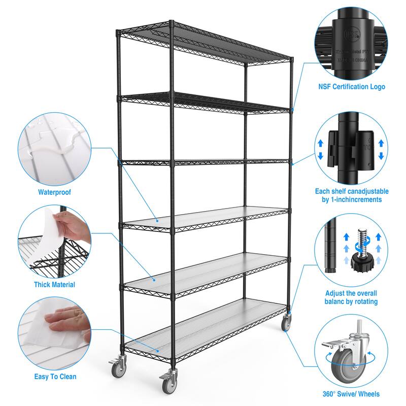 Adjustable Height 6 Tier Metal Wire Shelving Unit with Wheels