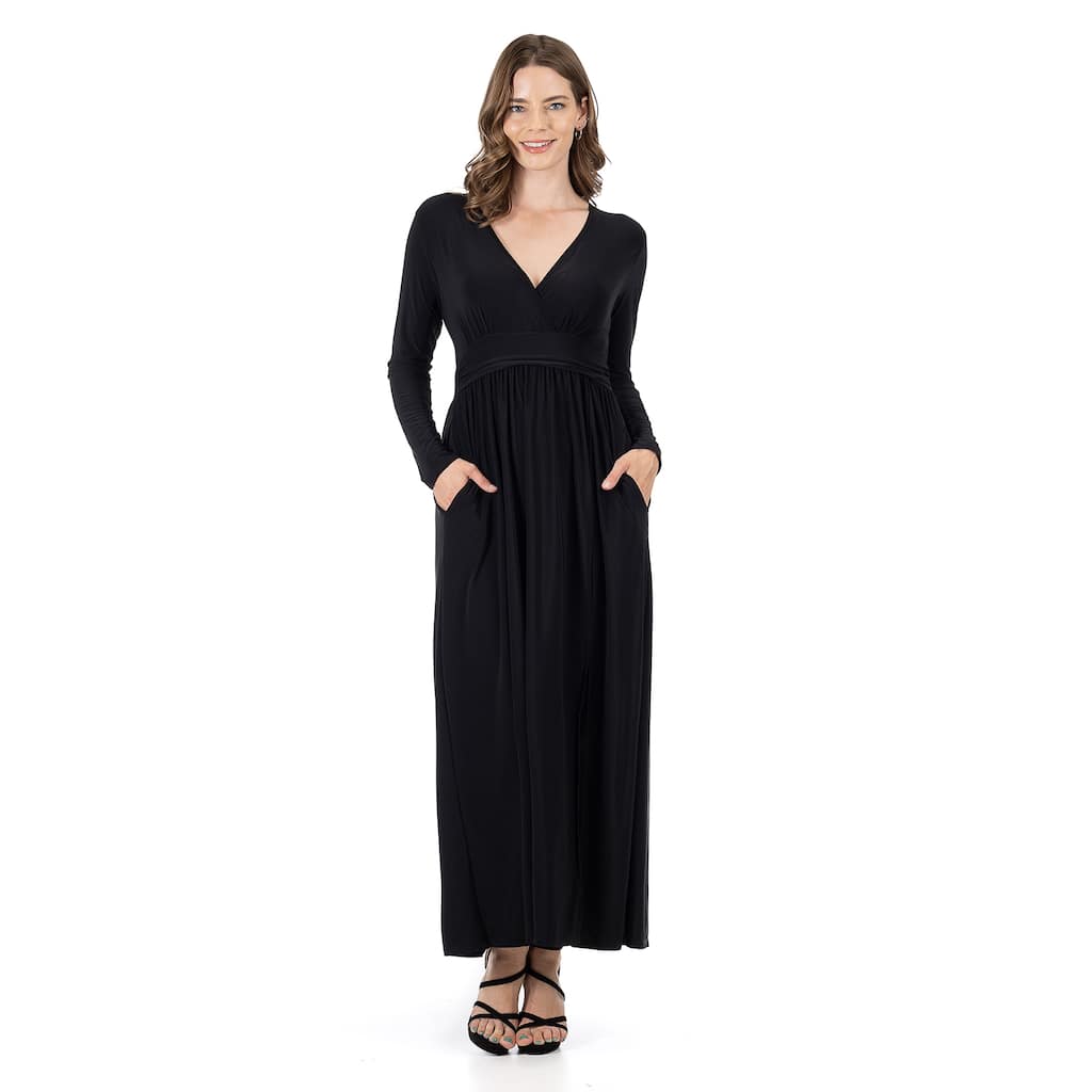 24seven Comfort Apparel Womens Long Sleeve V Neck Side Slit Maxi Dress