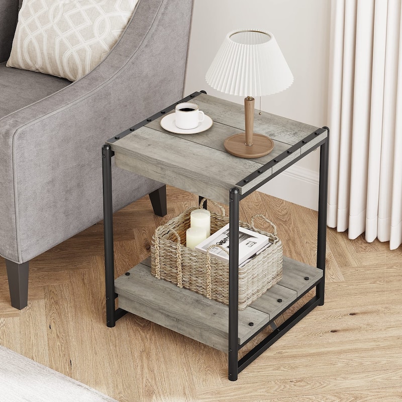 20'' Large Square Farmhouse Grey Wood Storage End Table