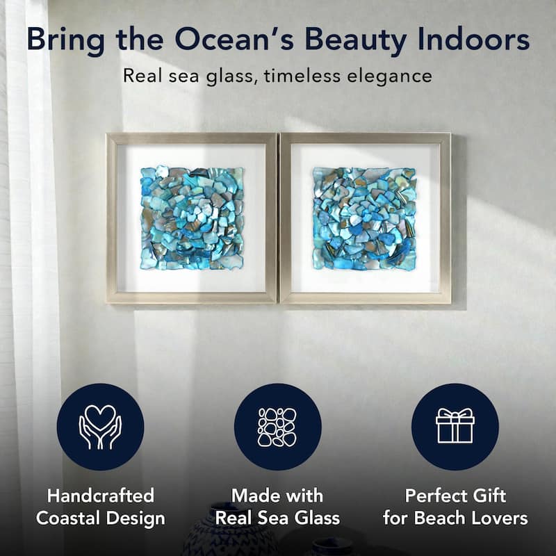 American Art Decor 2-Piece Coastal Seashell & Sea Glass Shadowbox Framed Wall Art Set