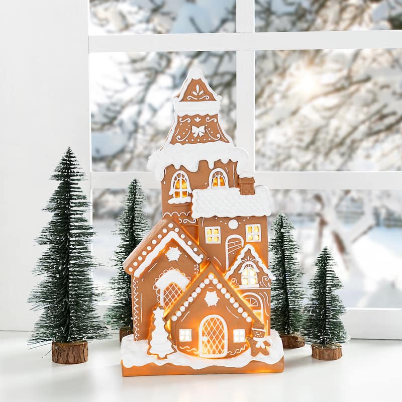 Glitzhome Lighted Christmas Gingerbread House Resin Village Xmas Table Decor Collectible Figurines