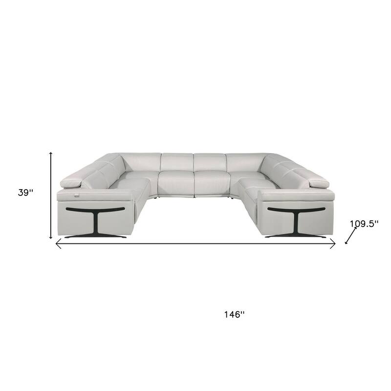 HomeRoots Light Gray Italian Leather Power Reclining U Shaped Eight Piece Corner Sectional With Console