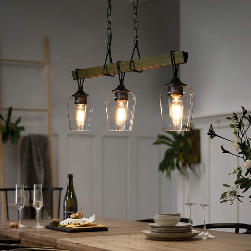 Zarbel Modern Farmhouse Glass Linear Chandelier Rustic 3-Light Black Metal Small Kitchen Island Lights - L25"x W 5"x H 76"